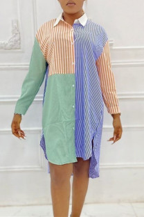 Multicolor Fashion Casual Striped Split Joint Asymmetrical Turndown Collar Shirt Dress