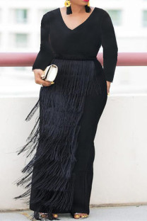Black Fashion Casual Solid Tassel Split Joint V Neck Long Sleeve Plus Size Dresses