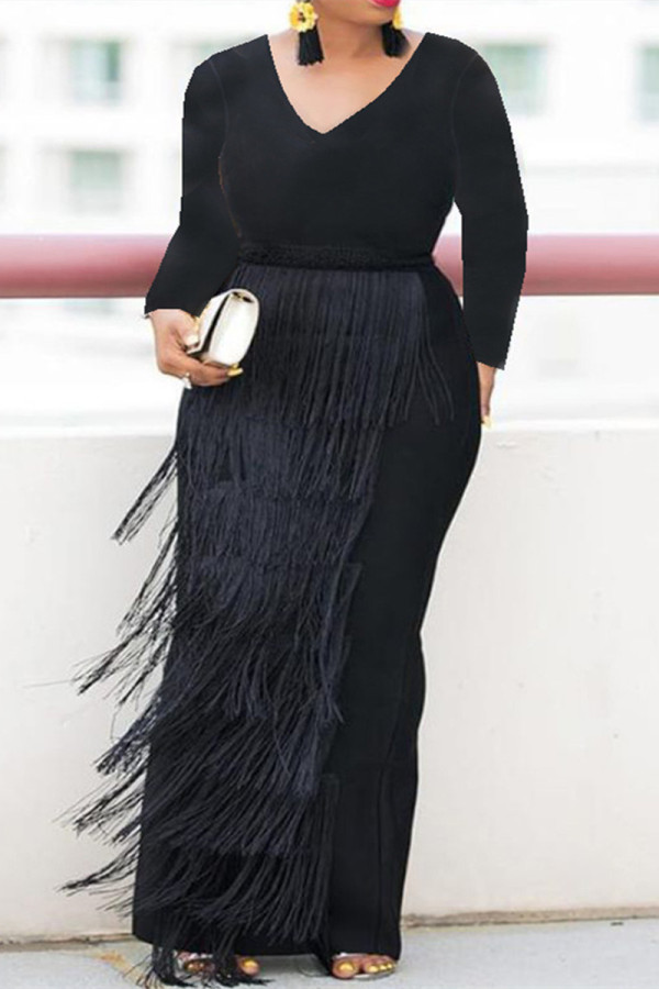 Black Fashion Casual Solid Tassel Patchwork V Neck Long Sleeve Plus Size Dresses