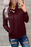 Red Fashion Casual Solid Pocket Buckle Hooded Collar Tops