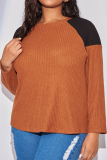 Brown Fashion Casual Solid Patchwork O Neck Plus Size Tops