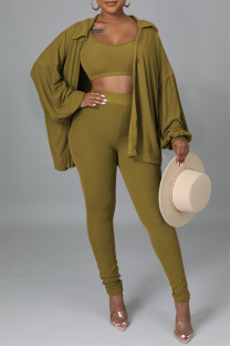 Olive Green Fashion Casual Solid Cardigan Vests Pants Turndown Collar Long Sleeve Three-piece Set