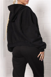 Black Fashion Casual Solid Basic Hooded Collar Plus Size Two Pieces
