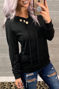 Black Fashion Casual Solid Pocket Buckle Hooded Collar Tops