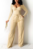 Beige Casual Solid Split Joint Square Collar Long Sleeve Two Pieces