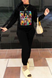 Black Fashion Casual Print Basic O Neck Long Sleeve Two Pieces