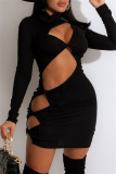 Black Fashion Sexy Solid Hollowed Out Turtleneck Long Sleeve Dresses