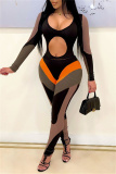 Orange Fashion Sexy Patchwork Hollowed Out O Neck Long Sleeve Two Pieces