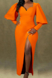 Orange Fashion Sexy Solid Slit V Neck Long Sleeve Evening Dress
