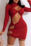 Purplish Red Fashion Sexy Solid Hollowed Out Turtleneck Long Sleeve Dresses