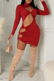 Purplish Red Fashion Sexy Solid Hollowed Out Turtleneck Long Sleeve Dresses