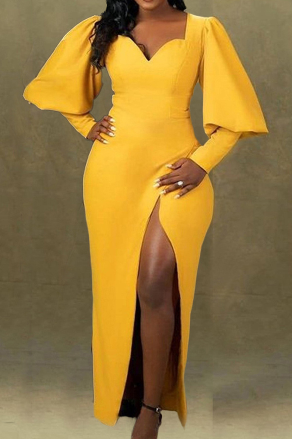Yellow Fashion Sexy Solid Slit V Neck Long Sleeve Evening Dress