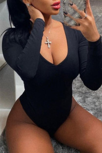 Black Sexy Casual Solid Basic V Neck Plus Size Long Sleeve Romper