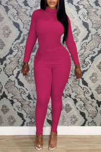 Rose Red Casual Solid Patchwork O Neck Long Sleeve Two Pieces