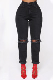 Black Street Solid Ripped Make Old Split Joint High Waist Straight Denim Jeans
