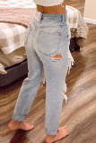 Light Blue Street Solid Ripped Make Old Split Joint High Waist Straight Denim Jeans