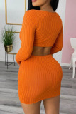 Orange Sexy Solid Hollowed Out Patchwork Frenulum Backless V Neck Pencil Skirt Dresses