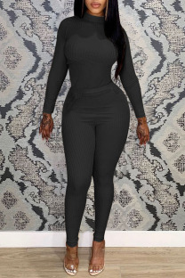 Black Casual Solid Patchwork O Neck Long Sleeve Two Pieces