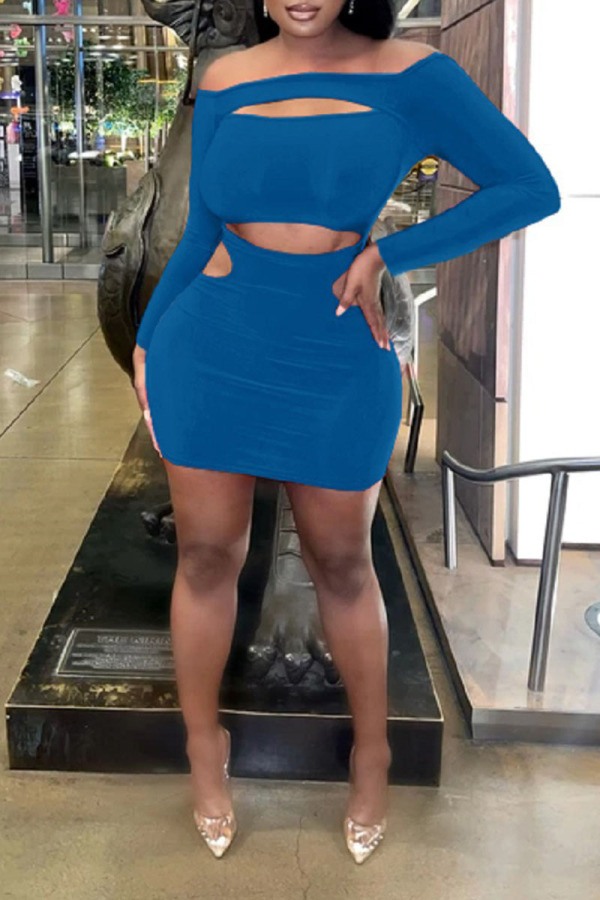 Blue Sexy Solid Hollowed Out Split Joint Off the Shoulder Pencil Skirt Dresses