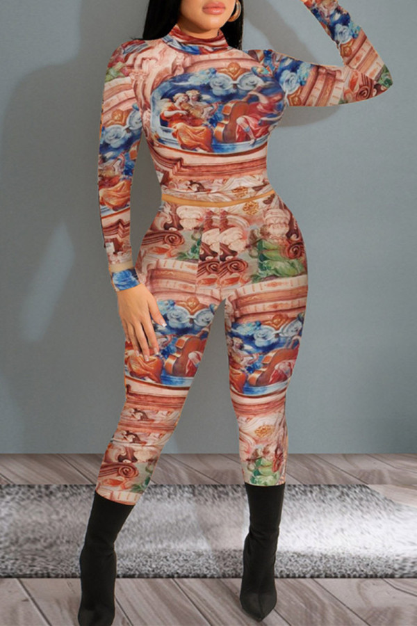 Multicolor Fashion Casual Print Basic O Neck Long Sleeve Two Pieces