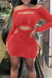 Red Sexy Solid Hollowed Out Split Joint Off the Shoulder Pencil Skirt Dresses