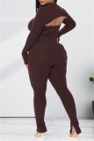Burgundy Fashion Casual Solid Hollowed Out Turtleneck Plus Size Two Pieces
