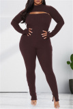 Light Coffee Fashion Casual Solid Hollowed Out Turtleneck Plus Size Two Pieces