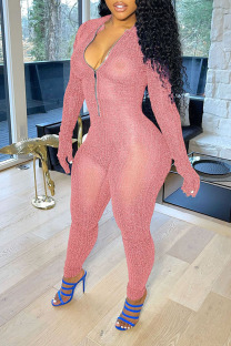 Pink Sexy Solid Patchwork Zipper Collar Skinny Jumpsuits