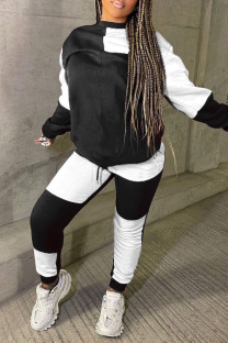 Black And White Street Solid Patchwork O Neck Two Pieces