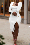 White Sexy Casual Solid Slit Square Collar Long Sleeve Dresses