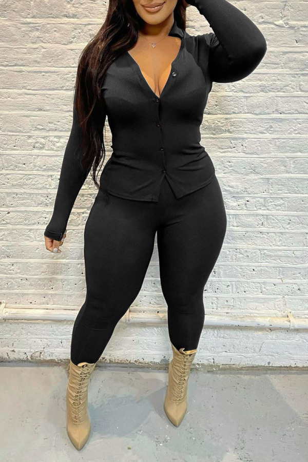 Black Sexy Solid Split Joint Buckle Turndown Collar Long Sleeve Two Pieces