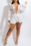 White Sexy Solid Embroidered Split Joint See-through V Neck Long Sleeve Two Pieces