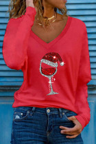 Red Casual Print Split Joint V Neck Tops