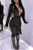 Black Sexy Casual Solid Bandage V Neck Long Sleeve Skinny Jumpsuits