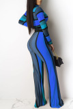 Blue Casual Striped Print Split Joint O Neck Long Sleeve Two Pieces