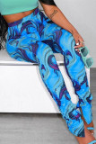 Blue Fashion Casual Print Slit Skinny High Waist Straight Trousers