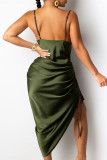 Army Green Sexy Solid Bandage Draw String Backless Square Collar Sling Dress