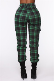 Green Fashion Casual Plaid Print Patchwork Regular High Waist Trousers