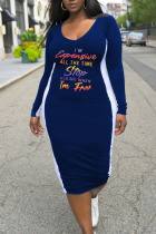 Blue Casual Print Split Joint U Neck Straight Plus Size Dresses