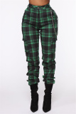 Green Fashion Casual Plaid Print Patchwork Regular High Waist Trousers