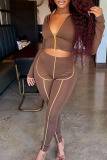 Brown Sexy Solid Split Joint Asymmetrical Zipper Long Sleeve Two Pieces