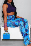 Blue Fashion Casual Print Slit Skinny High Waist Straight Trousers
