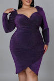 Purple Fashion Sexy Patchwork Bright Silk V Neck Long Sleeve Plus Size Dresses
