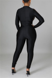 Black Fashion Casual Print Patchwork Zipper Collar Skinny Jumpsuits