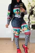 Black Fashion Casual Letter Cartoon Print Basic Zipper Collar Skinny Jumpsuits