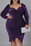 Purple Fashion Sexy Patchwork Bright Silk V Neck Long Sleeve Plus Size Dresses