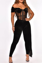 Black Sexy Patchwork See-through Backless Off the Shoulder Skinny Jumpsuits