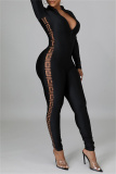 Black Fashion Casual Print Patchwork Zipper Collar Skinny Jumpsuits