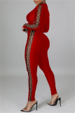 Red Fashion Casual Print Patchwork Zipper Collar Skinny Jumpsuits