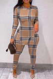 Khaki Fashion Casual Plaid Print Slit O Neck Long Sleeve Two Pieces